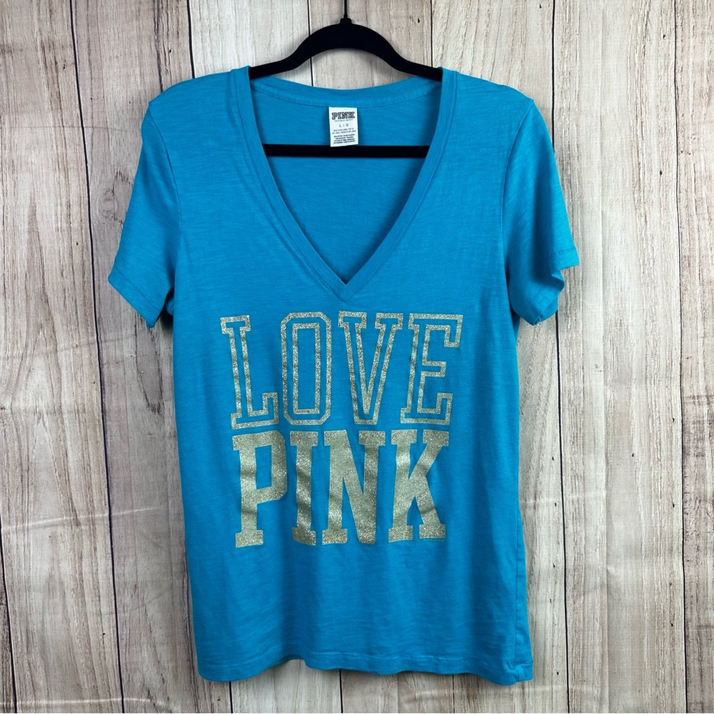 Vintage PINK Victoria's Secret Turquoise Tee with Gold Lettering